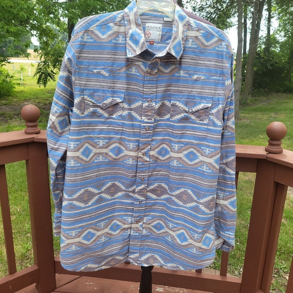 Roper Men's Blue Gray Geometric Long Sleeve Western Button Down Shirts Size XL